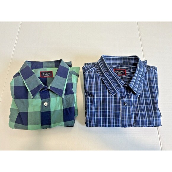 UNTUCKit Men's Large Long Sleeve Button Up Shirt LOT OF 2 Blue Green Plaid - Picture 1 of 9